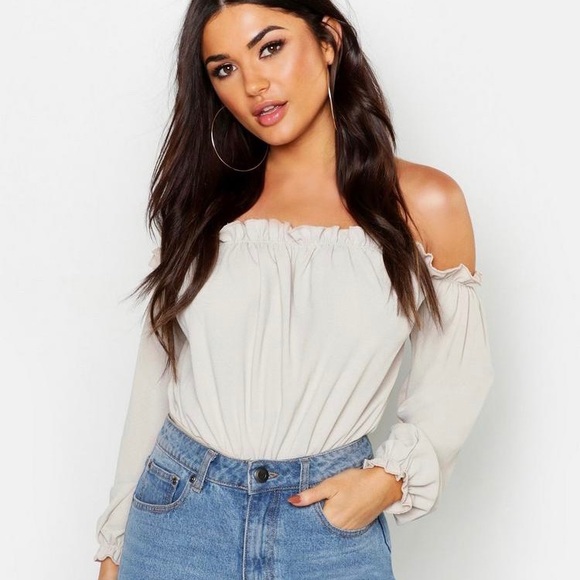 Boohoo Tops - Boohoo Bardot Cream Bodysuit